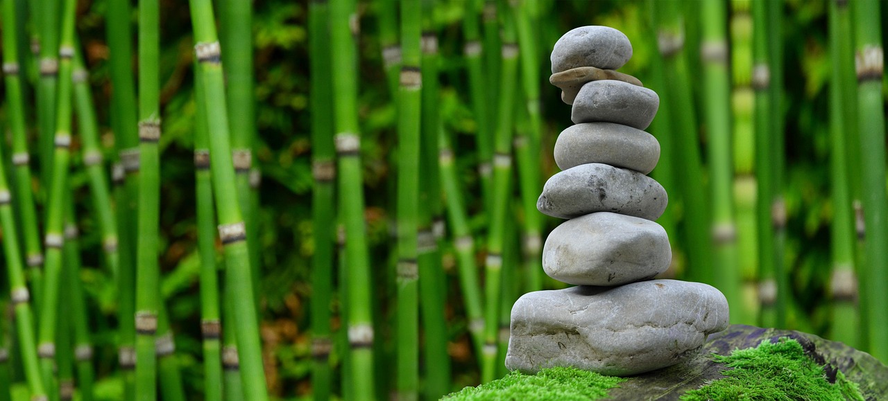 Japanse zen-tuin met sierlijk gerangschikte rotsen.